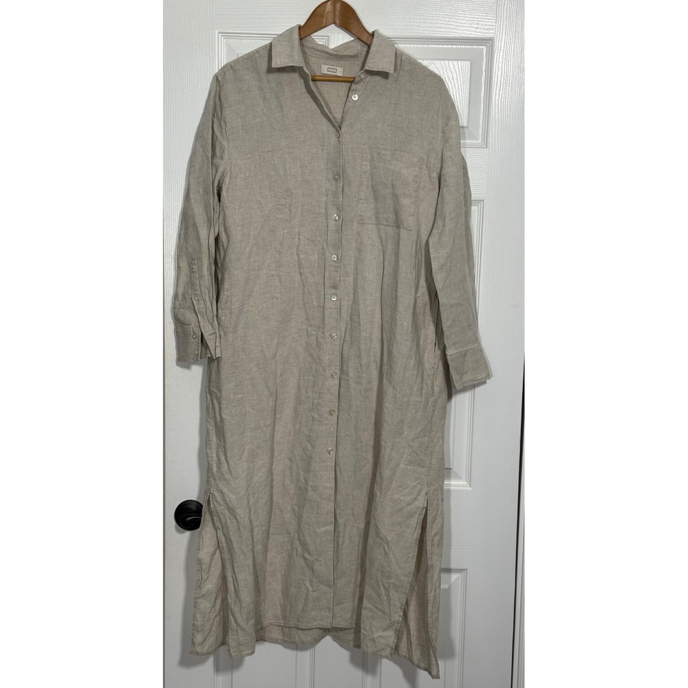AYR 100% Linen Maxi Shirt Dress Oatmeal Beige Long Sleeve Pockets Size L